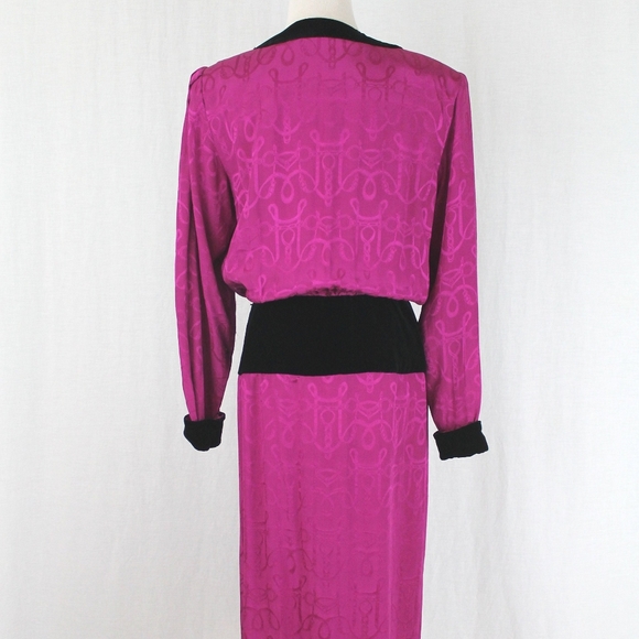 St. Gillian Pleated Fuchsia Pink Silk and Velvet 30s Inspired Vintage 80s  S M - Picture 6 of 14